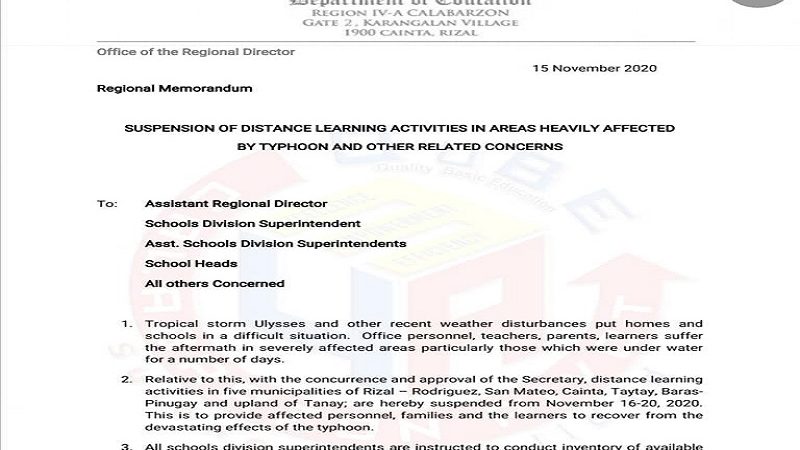 Distance learning sa ilang lugar sa CALABARZON na labis na nasalanta ng Typhoon Ulysses suspendido hanggang sa Nov. 20