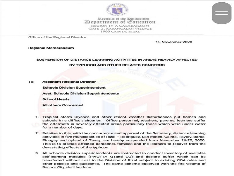 Distance learning sa ilang lugar sa CALABARZON na labis na nasalanta ng Typhoon Ulysses suspendido hanggang sa Nov. 20