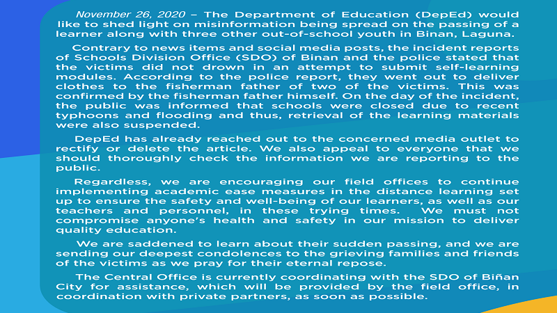 Batang nasawi sa pagkalunod habang maghahatid sana ng module sa Laguna, “fake news” ayon sa DepEd