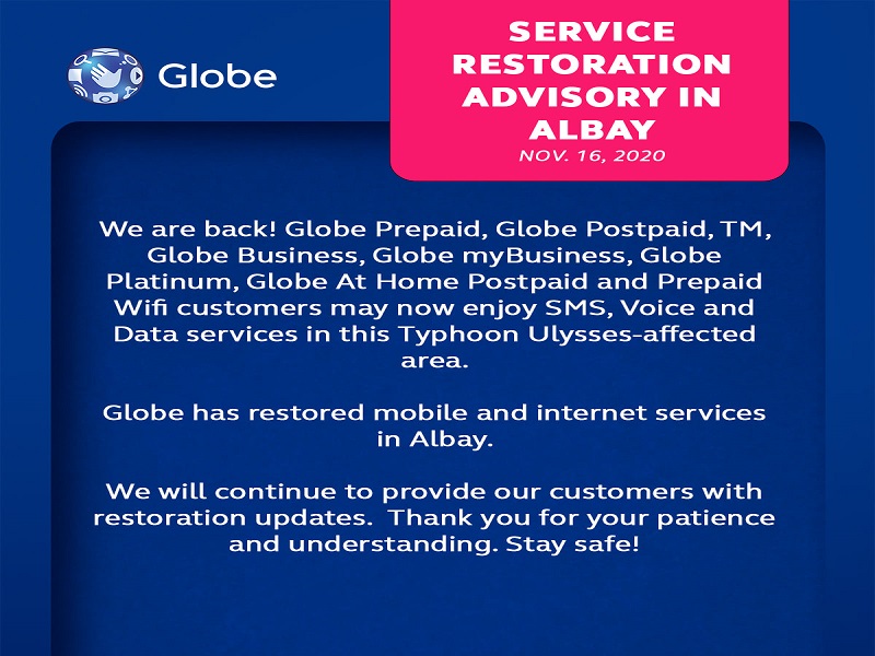 Serbisyo ng Globe sa Albay, naibalik na