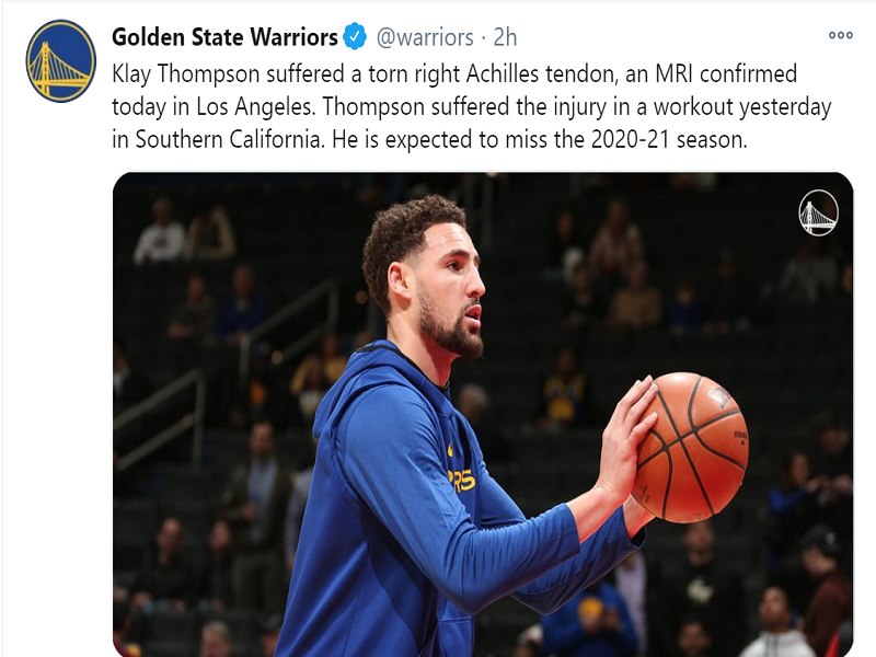 Klay Thompson ng Warriors hindi makapaglalaro sa 2020-2021 season ng NBA dahil sa inujury