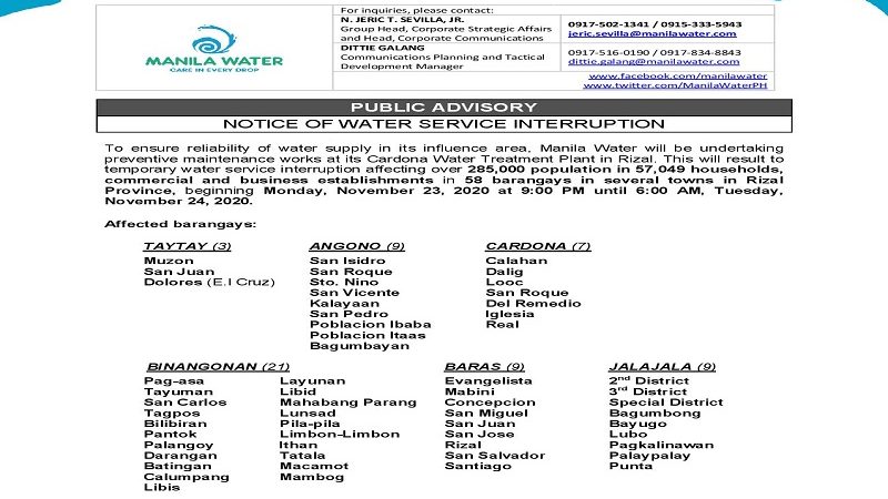 57,000 households sa Rizal mawawalan ng suplay ng tubig simula Nov. 23 ng gabi hanggang Nov. 24 ng umaga