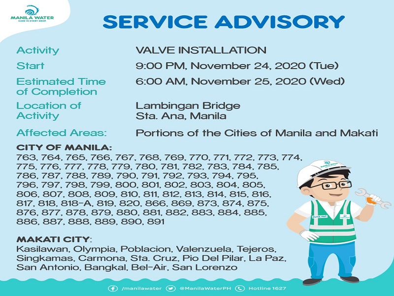 94 barangay sa Makati at Maynila 9 na oras na mawawalan ng suplay ng tubig