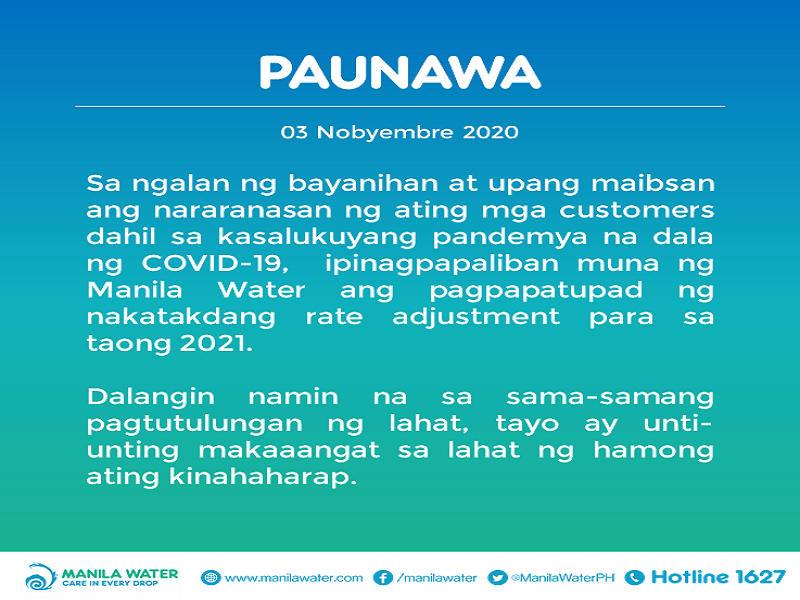 Dagdag singil sa tubig ng Manila Water hindi muna ipatutupad