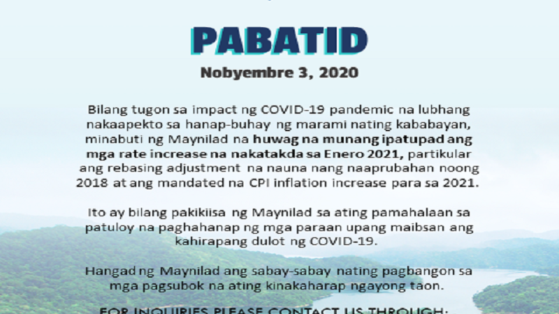 Pagtataas singil sa tubig ng Maynilad sa Jan. 2021 ipinagpaliban