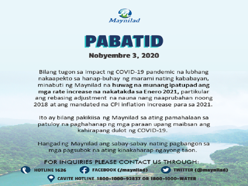 Pagtataas singil sa tubig ng Maynilad sa Jan. 2021 ipinagpaliban