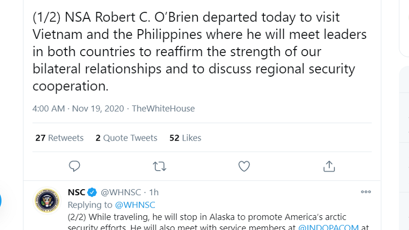 US National Security Adviser Robert O’Brien darating sa bansa