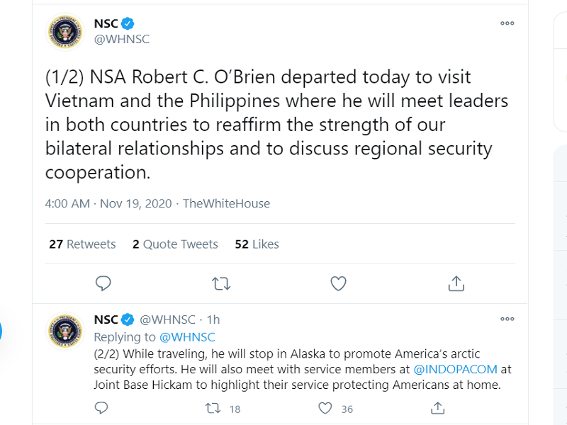 US National Security Adviser Robert O’Brien darating sa bansa