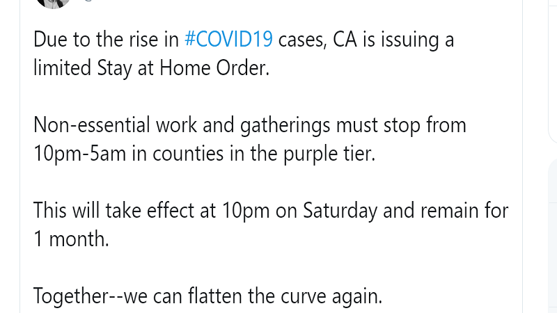 Curfew muling ipatutupad sa California dahil sa pagtaas ng kaso ng COVID-19