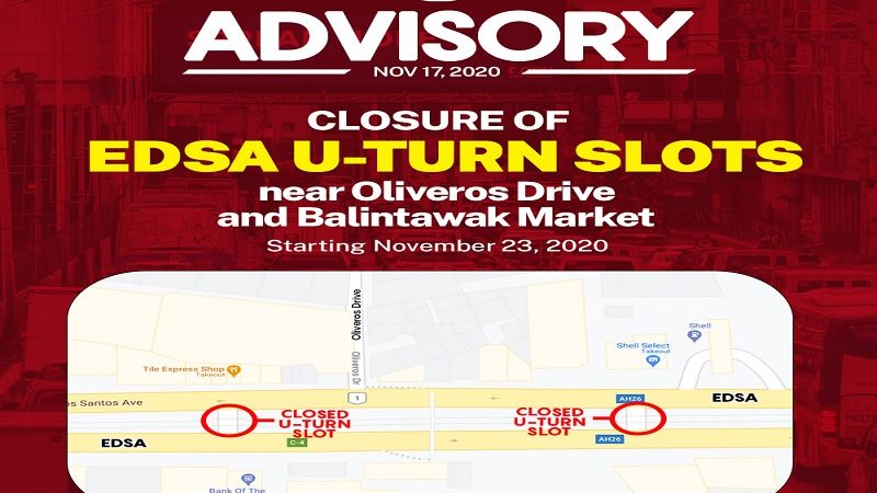 U-turn slots sa EDSA malapit sa Balintawak Market isasara simula sa Lunes, Nov. 23