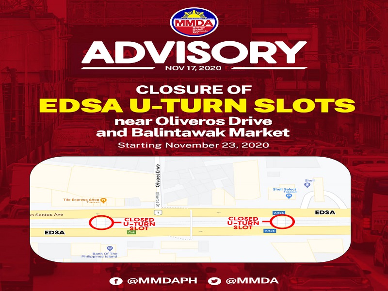 U-turn slots sa EDSA malapit sa Balintawak Market isasara simula sa Lunes, Nov. 23