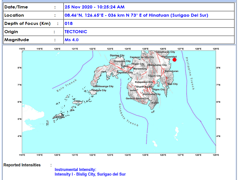 Hinatuan, Surigao del Sur niyanig ng magnitude 4.0 na lindol