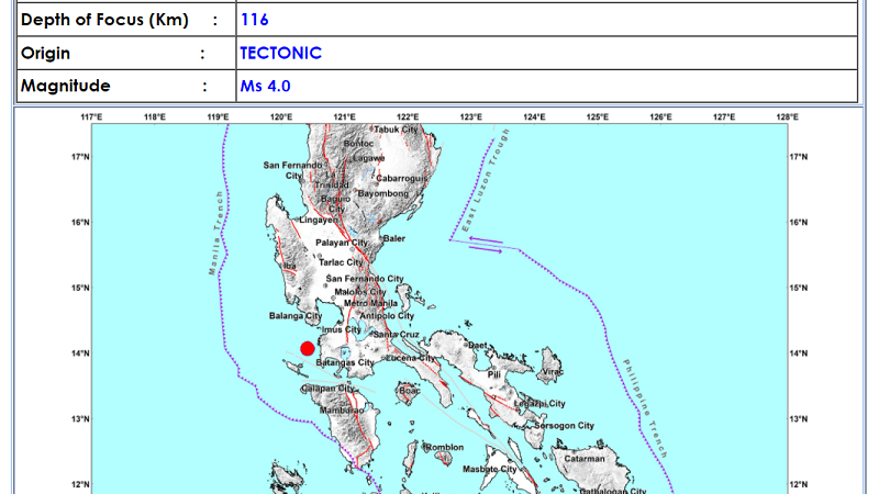 Nasugbu, Batangas niyanig ng magnitude 4.0 na lindol