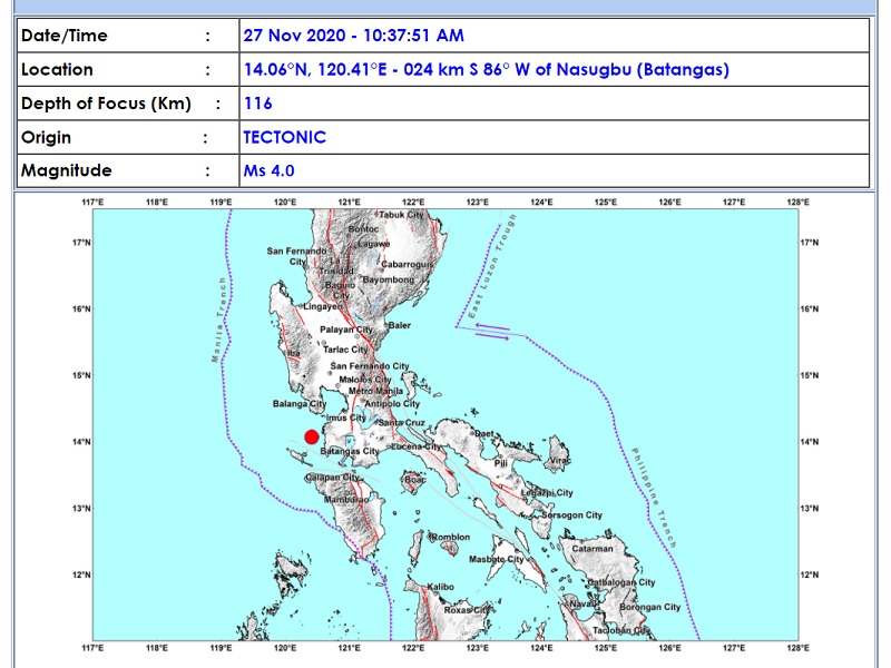 Nasugbu, Batangas niyanig ng magnitude 4.0 na lindol