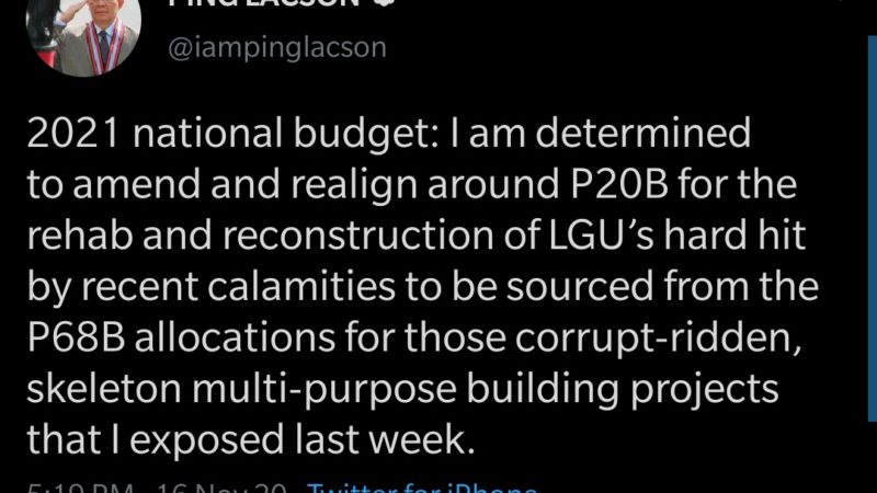 Corrupt at skeleton project na pinondohan ng Kamara sa 2021 budget, irerealign ni Sen. Lacson para pondohan ang LGUs na tinamaan ng bagyo