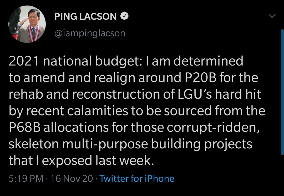 Corrupt at skeleton project na pinondohan ng Kamara sa 2021 budget, irerealign ni Sen. Lacson para pondohan ang LGUs na tinamaan ng bagyo