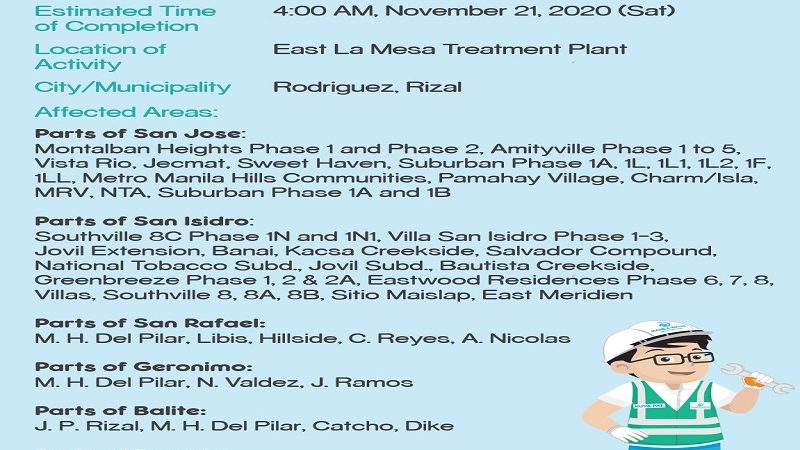 Maraming lugar sa 6 na barangay sa Rodriguez, Rizal makararanas muli ng 12-oras na water interruption