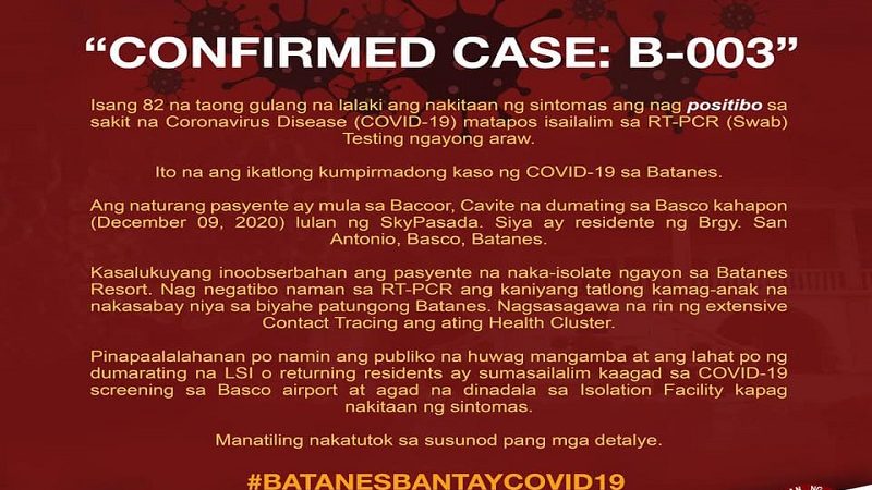 82 anyos na llolo ikatlong kaso ng COVID-19 sa Batanes