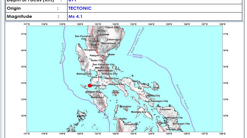 Magnitude 4.1 na lindol naitala sa Calatagan, Batangas