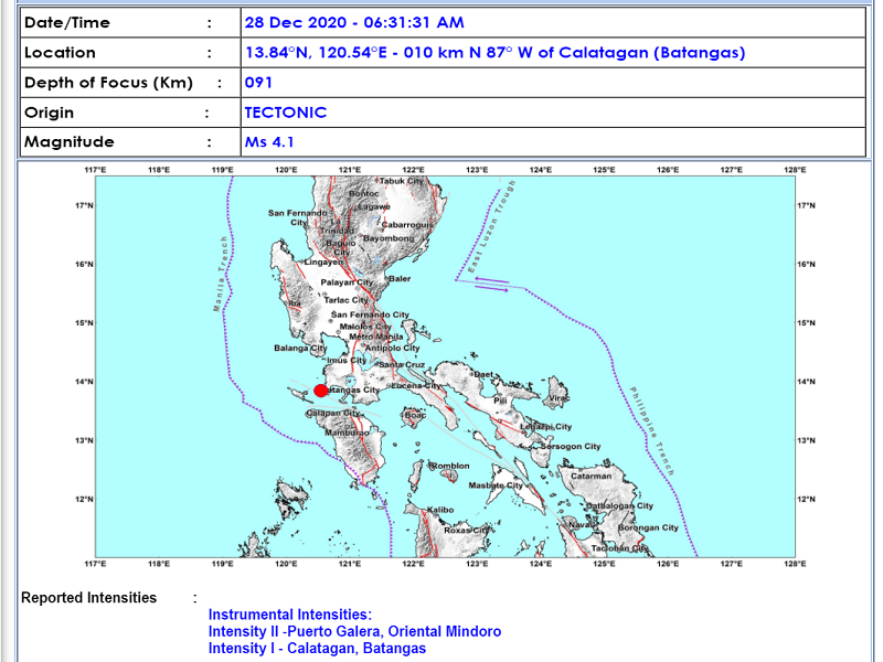 Magnitude 4.1 na lindol naitala sa Calatagan, Batangas