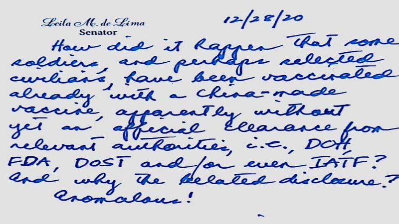 Pagpapaturok ng COVID-19 vaccine ng mga sundalo, ilang gabinete “anoumalous” ayon kay Sen. Leila De Lima