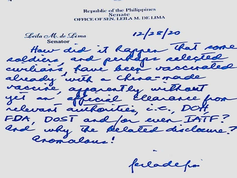 Pagpapaturok ng COVID-19 vaccine ng mga sundalo, ilang gabinete “anoumalous” ayon kay Sen. Leila De Lima