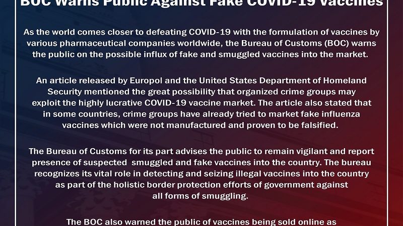 Customs may babala sa publiko: smuggled at pekeng COVID-19 vaccines posibleng lumaganap sa merkado