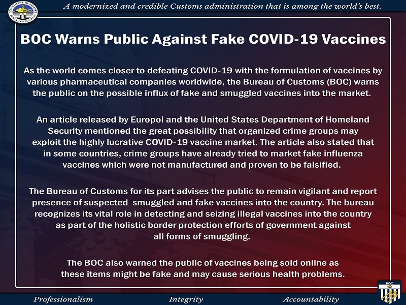 Customs may babala sa publiko: smuggled at pekeng COVID-19 vaccines posibleng lumaganap sa merkado