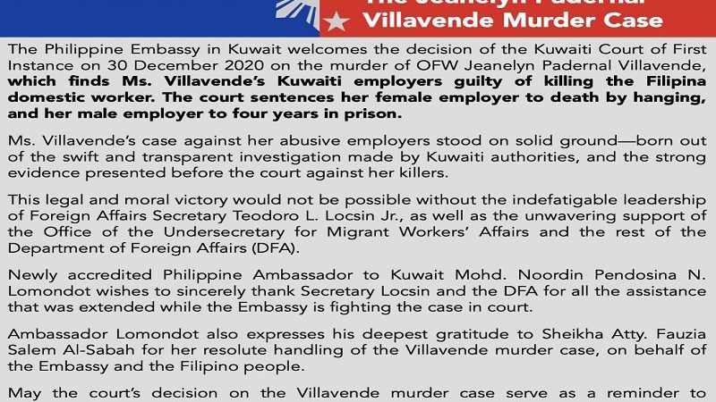 Death by hanging hatol ng Kuwaiti Court sa amo ng OFW na si Jeanelyn Villavende