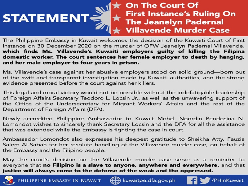 Death by hanging hatol ng Kuwaiti Court sa amo ng OFW na si Jeanelyn Villavende