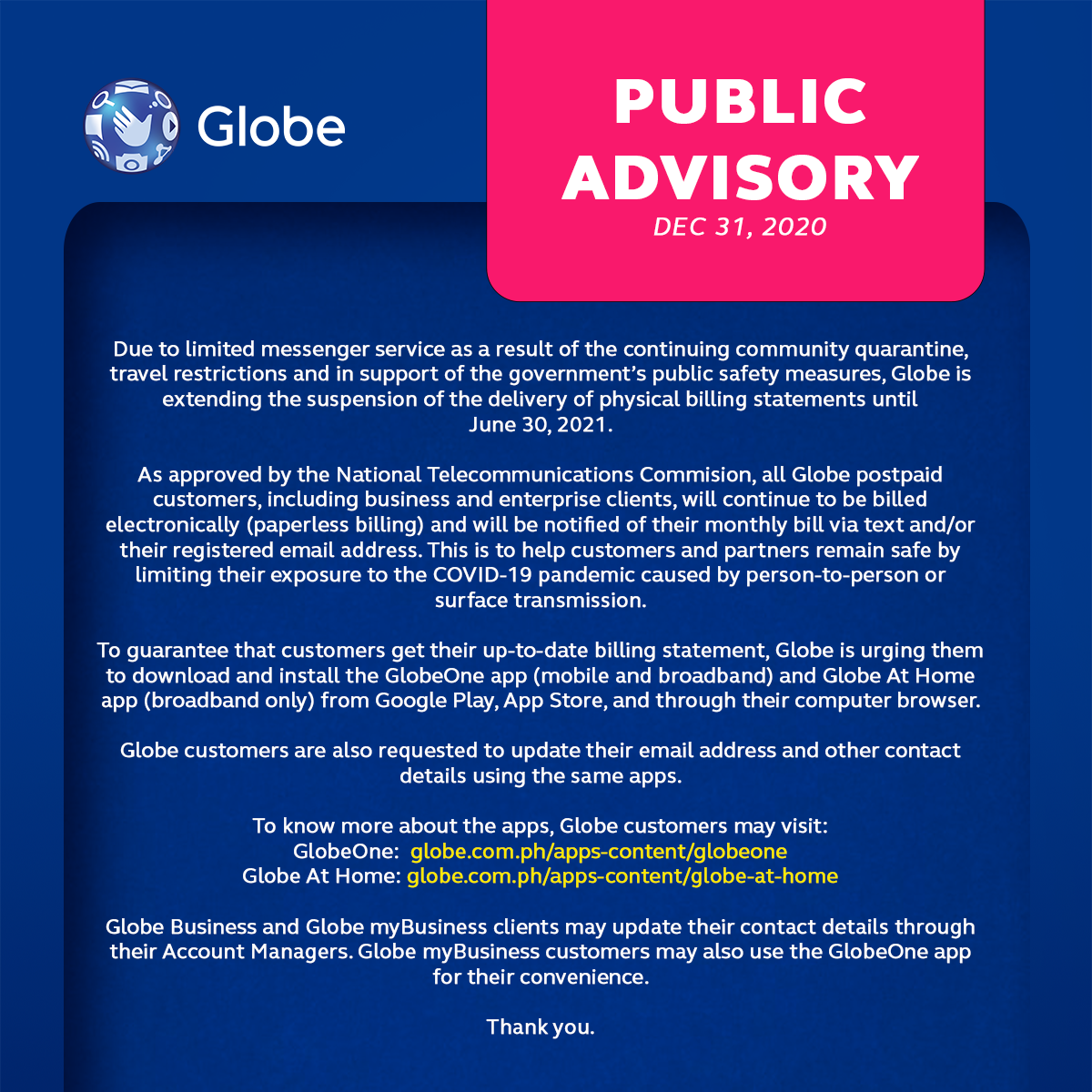 Suspensyon sa delivery ng bill ng Globe pinalawig hanggang June 30, 2021