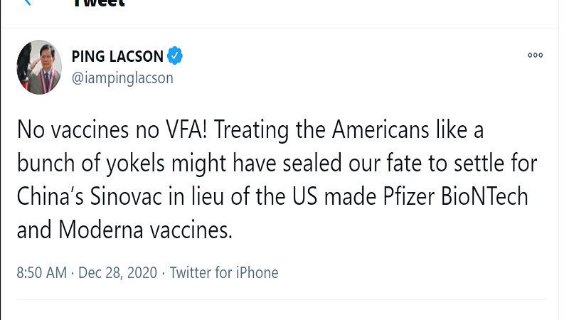 Bantang “No vaccines No VFA” ni Pangulong Duterte sa US, mistulang pamba-blackmail ayon kay Sen. Lacson