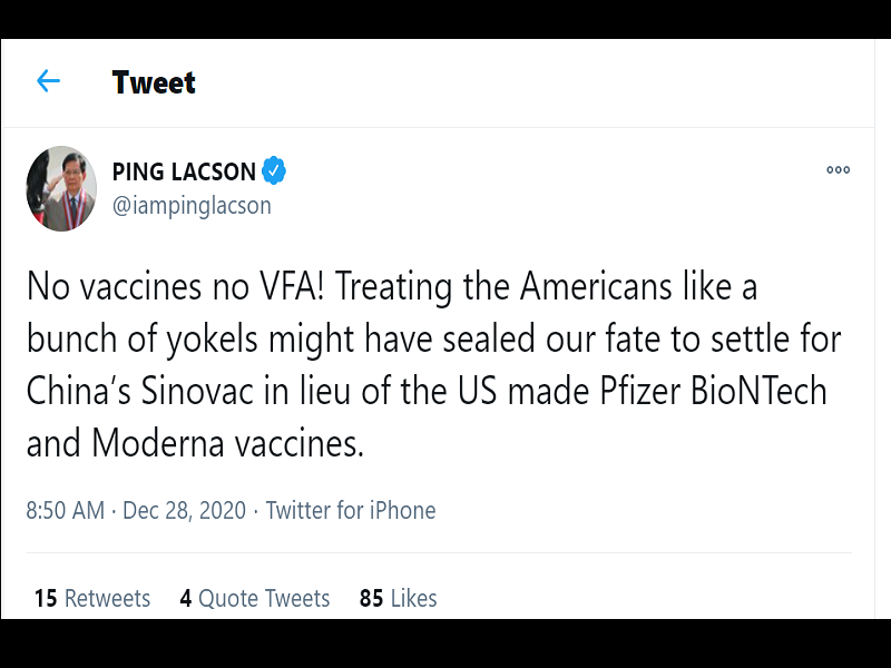 Bantang “No vaccines No VFA” ni Pangulong Duterte sa US, mistulang pamba-blackmail ayon kay Sen. Lacson