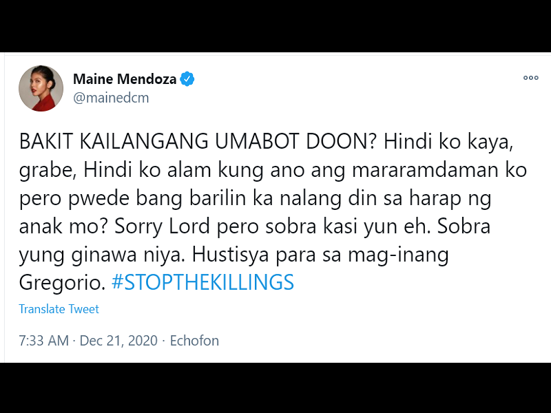 Maine Mendoza sa walang-awang pagpatay ng pulis sa mag-ina sa Tarlac: “pwede bang barilin ka na lang din sa harap ng anak mo?”