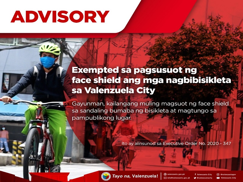 Mga nagbibisikleta exempted sa pagsusuot ng face shields sa Valenzuela