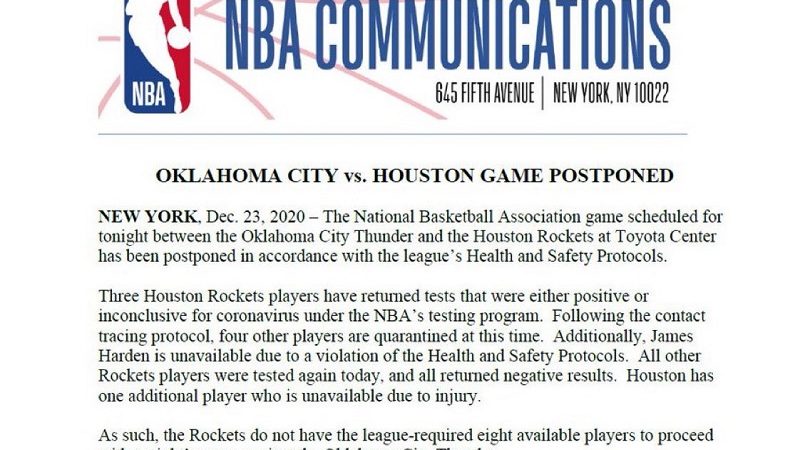 Laban ng Oklahoma City Thunder vs Houston Rockets sinuspinde ng NBA dahil sa isyu sa COVID-19 protocols