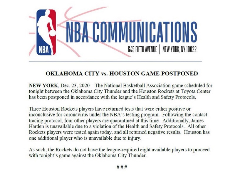 Laban ng Oklahoma City Thunder vs Houston Rockets sinuspinde ng NBA dahil sa isyu sa COVID-19 protocols