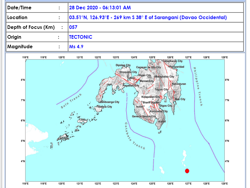 Magnitude 4.9 na lindol tumama sa Sarangani, Davao Occidental