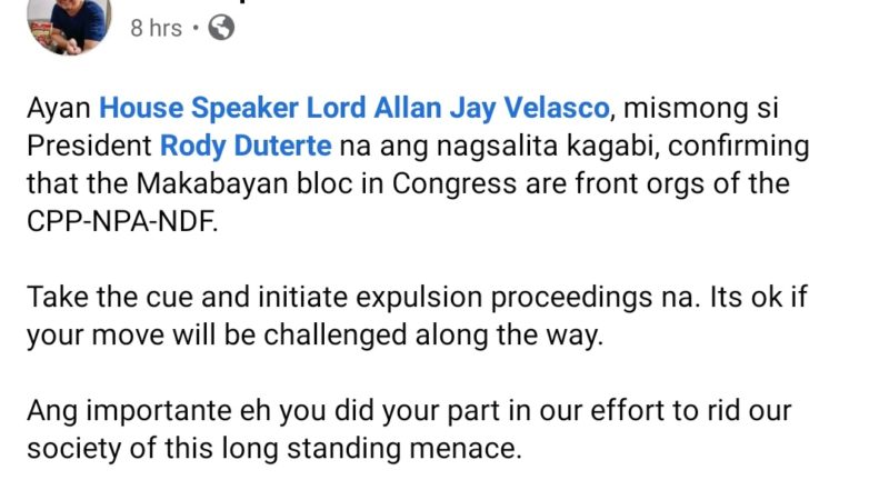 Speaker Velasco hinamong imbestigahan ang Makabayan Bloc sa Kamara