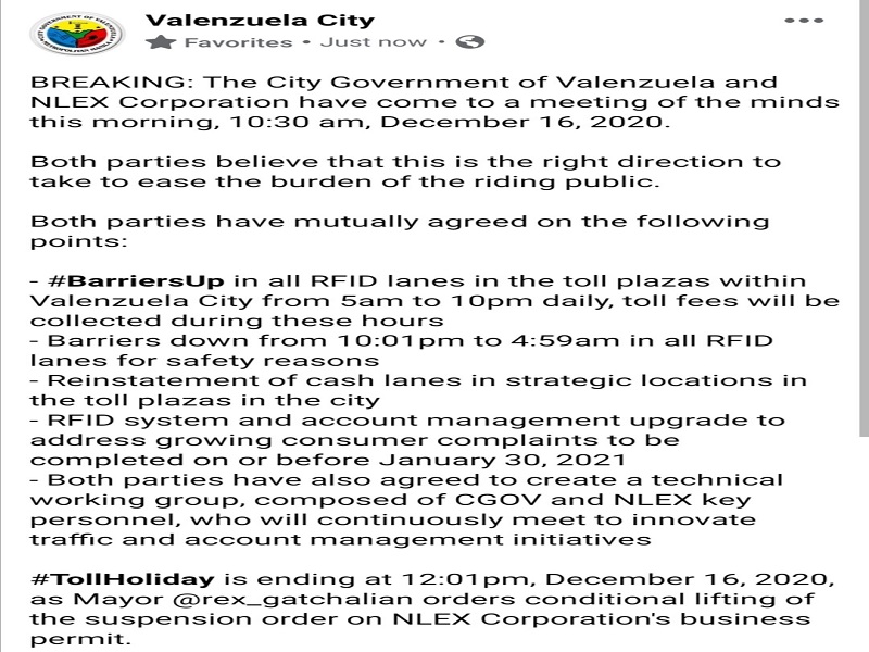 NLEX maniningil na ulit sa mga Toll Plaza na sakop ng Valenzuela