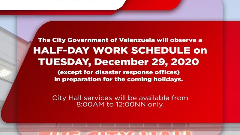 Pasok sa Valenzuela City Hall sa December 29, half-day lang