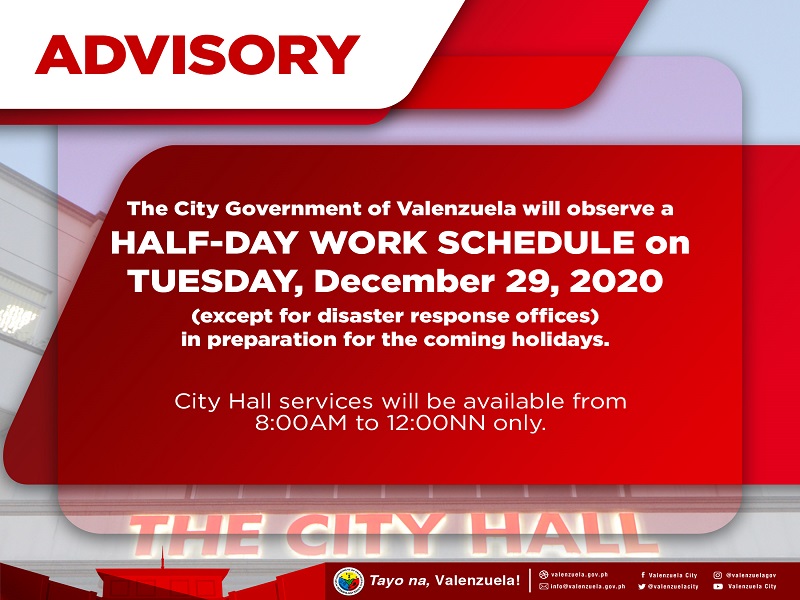 Pasok sa Valenzuela City Hall sa December 29, half-day lang