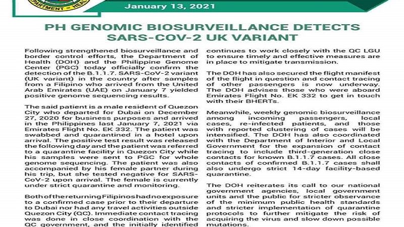 BREAKING: DOH kinumpirmang may UK variant na ng COVID 19 sa Pilipinas