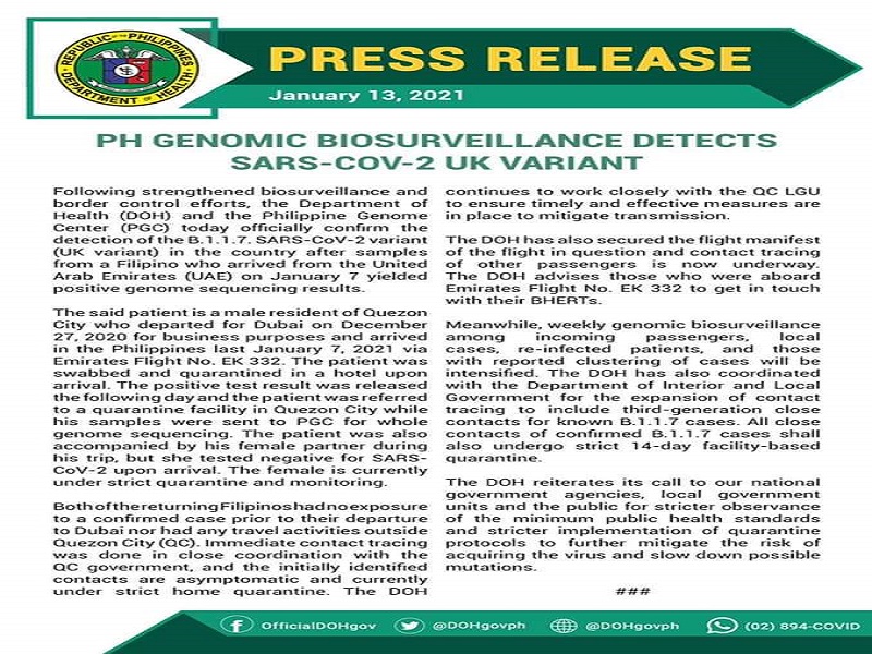 BREAKING: DOH kinumpirmang may UK variant na ng COVID 19 sa Pilipinas