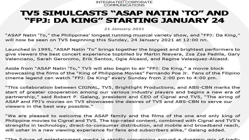Tie-up sa TV5 kinumpirma na ng ABS-CBN; “Asap Natin To” at “FPJ: Da King” mapapanood na sa TV5