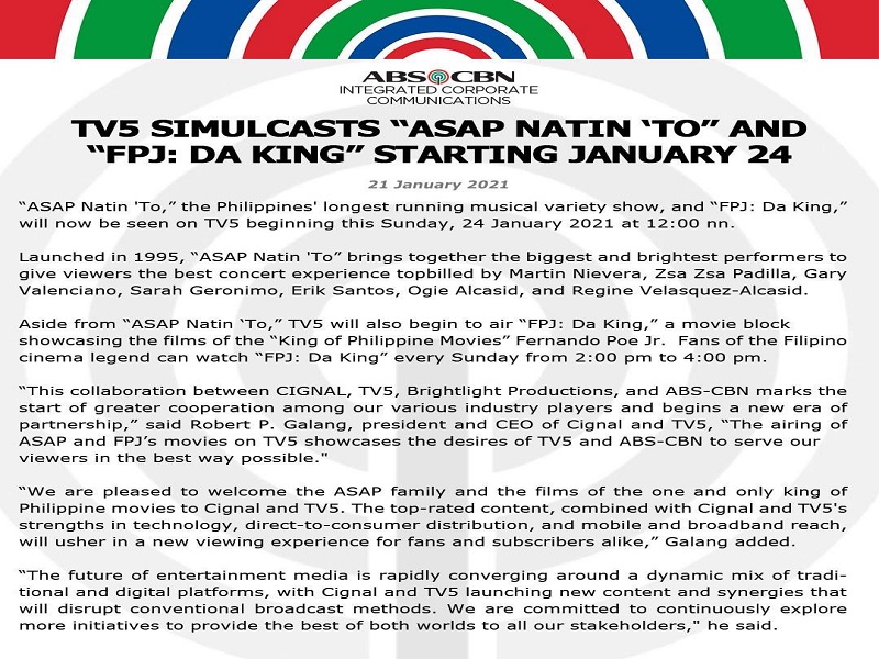 Tie-up sa TV5 kinumpirma na ng ABS-CBN; “Asap Natin To” at “FPJ: Da King” mapapanood na sa TV5