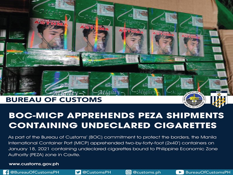 P60M na halaga ng smuggled na sigarilyo nakumpiska ng BOC sa MICP