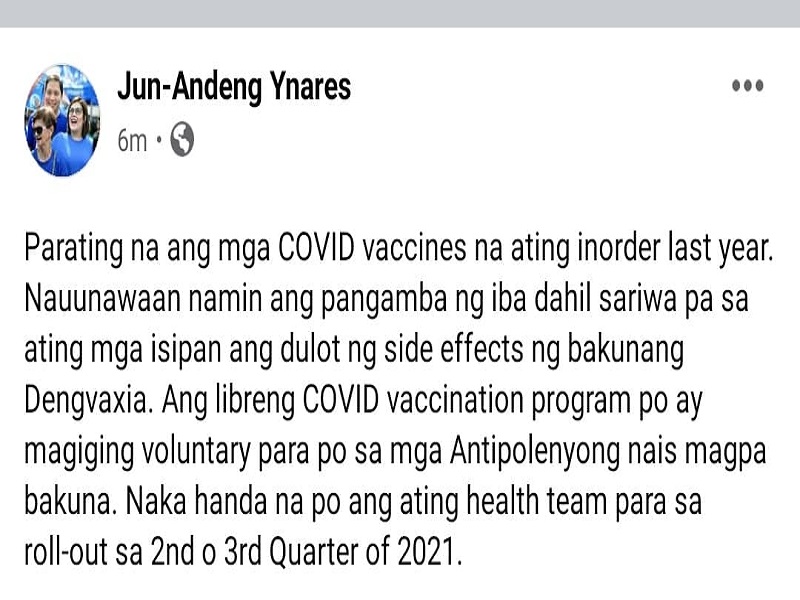 Antipolo City LGU nag-order na din ng COVID-19 vaccine; bakuna libre para sa mga residente