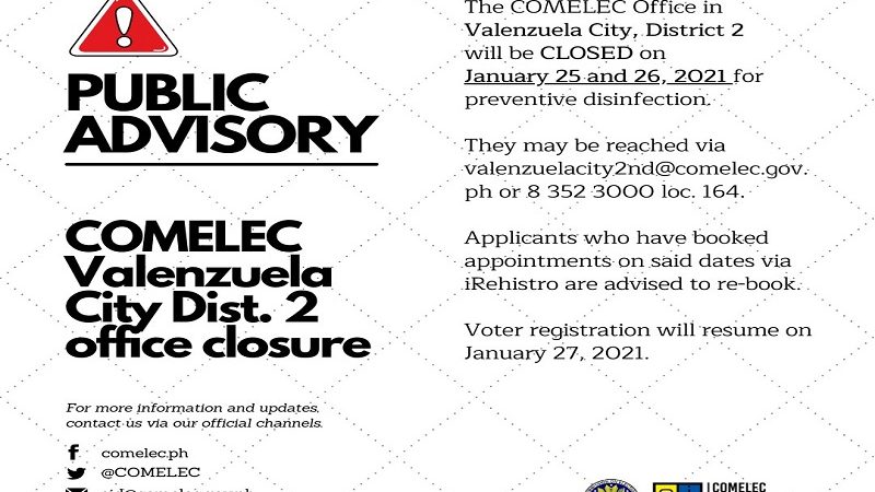 District 2 Office ng Comelec sa Valenzuela sarado muna sa publiko para sa disinfection