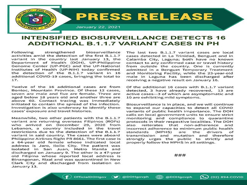 16 na kaso ng UK variant ng COVID-19 kinumpirma ng DOH